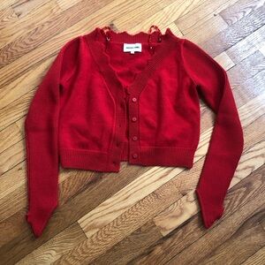 Red Knit Cardigan Sweater with Ribbed Trim